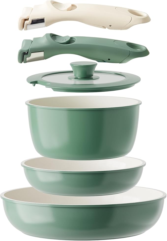Ceramic Pots and Pans Set Non Stick Nonstick Kitchen Cookware Sets Non Toxic Pots and Pans Set Non Stick PFAS PFOA &amp PTFE Free Detachable Handle Pots and Pans 6 Piece RV Cookware (Green)