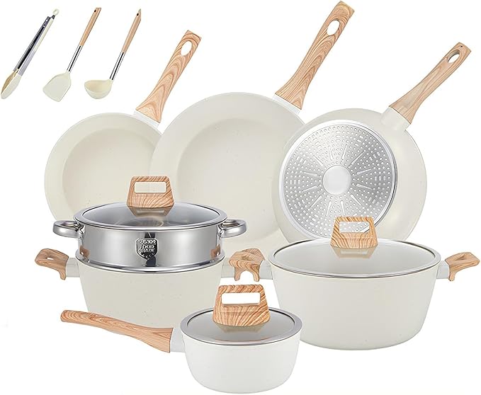 White13 Pieces Pots and Pans Set Nonstick Cookware Set Granite Cooking Set Kitchen Induction Cookware with Frying Pans Saucepans Steamer Silicone Tools Set