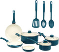 12-Piece Blue Ceramic Cookware Set Non-Stick Pots and Pans Set with Aluminum Body &amp Riveted Handles Complete Kitchen Cookware Collection for All Stovetops Except Induction