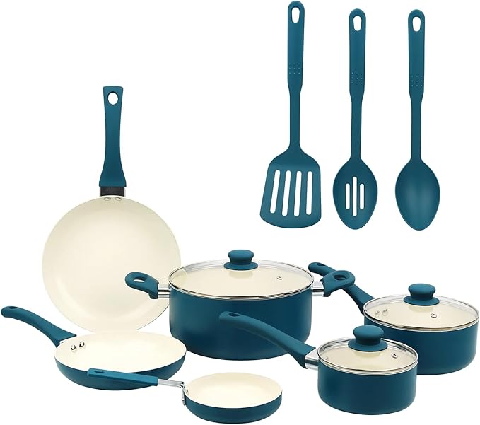 12-Piece Blue Ceramic Cookware Set Non-Stick Pots and Pans Set with Aluminum Body &amp Riveted Handles Complete Kitchen Cookware Collection for All Stovetops Except Induction