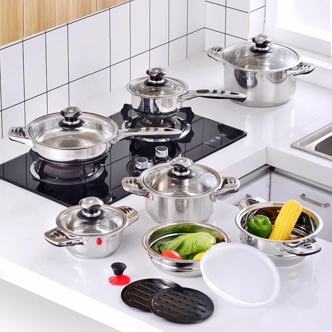 16-Piece Nonstick Cookware Set Stainless Steel Pots &amp Pans with Glass Lids Induction Compatible Frying Pans Saucepans Casseroles Steaming Insert