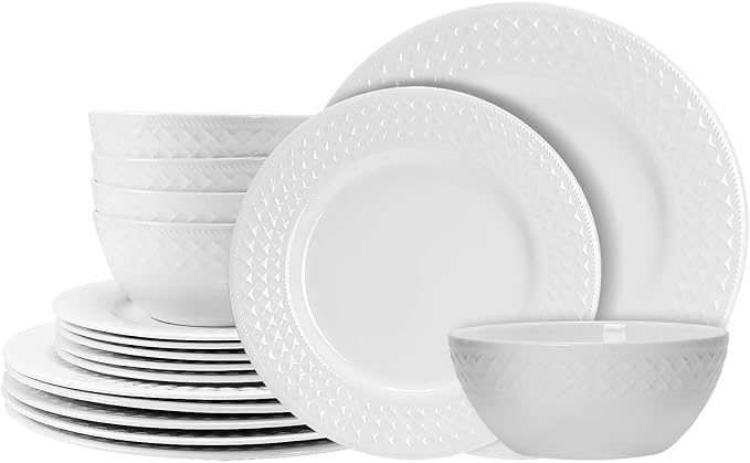 18-Piece Bone China Dinnerware Set for 6 White Porcelain Plates and Bowls with Textured Design Lightweight Microwave Dishwasher Safe for Family Dining
