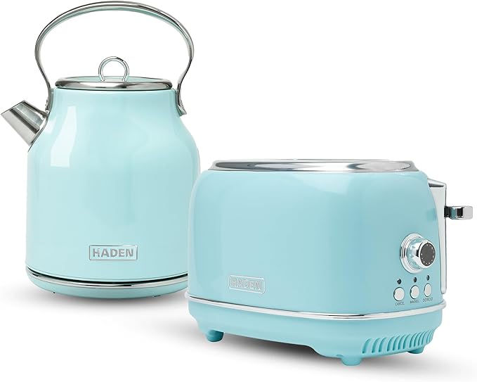 Haden Heritage 1.7 Liter Stainless Steel Electric Tea Kettle with Heritage 2 Slice Wide Slot Stainless Steel Bread Toaster Turquoise