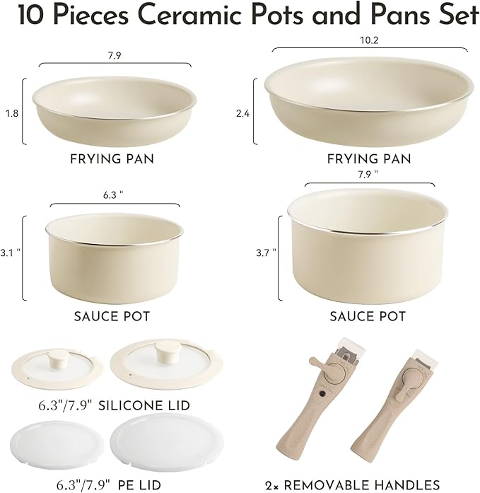 Heapsion 18-Piece Ceramic Nonstick Cookware Set PFAS/PFOA/PTFE-Free &amp Non-Toxic Pots and Pans Set with Detachable Handles Dishwasher Safe &amp Induction Compatible for Kitchen &amp RV Cooking