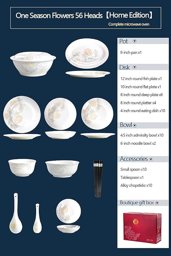 Dinnerware Sets - Luxury Gift Dishes Service Set 355660PCS Ceramic Dinnerware Set Bone China Tableware Dishes Plates Ceramic Combination Dinner Service Set Porcelaine Service for 10(56 Pieces)