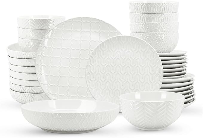 Sureasy 32 Pieces Dinnerware Sets for 8 Ceramic Plates and Bowls Sets Embossed Scratch Resistant Dinner Set Dishwasher &amp Microwave Safe White