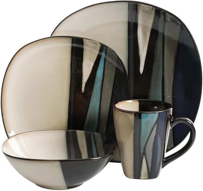 16-Piece Stoneware Dinnerware Set – Reactive Glaze Tribal &amp Contemporary Design Dishwasher &amp Microwave Safe (Available in Teal &amp Red) (Teal)