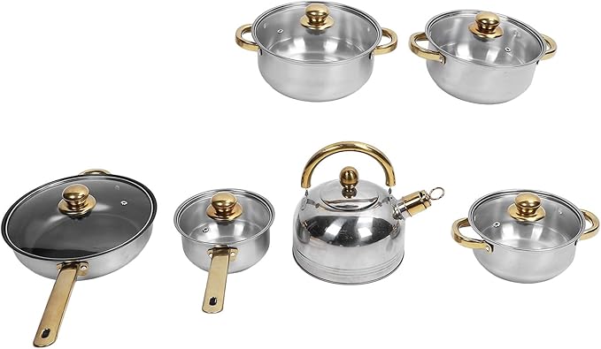 Stainless Steel Cookware Set Rustproof Stick Proof Pan Pot for Home Kitchen (Gold Handle with Kettle)