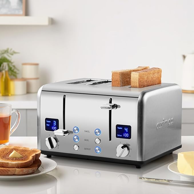 Stainless Steel Toaster CUSIMAX 4 Slice Toaster with Smart LED Display Exart Wide Slots 6 Shade Settings 1650 Watts Bagel and Defrost Fuction Cancel Button Removable Crumb Trays