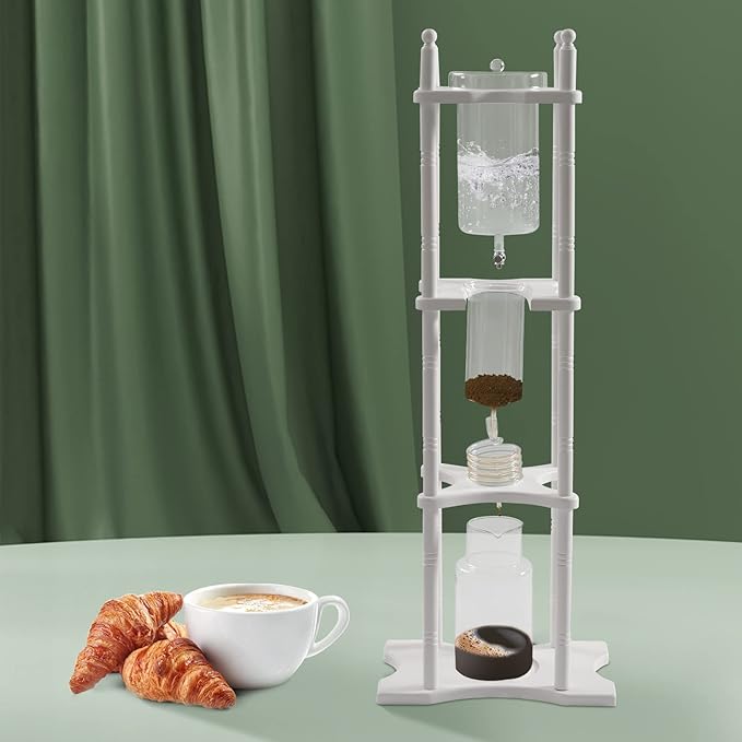 Ice Drip Coffee Maker 84.54 oz Retro Household Cold Brew Coffee Makers with Vertical Japanese Style Glass Container and Wood Stand Drip Coffee Pot for Commercial Office (White)