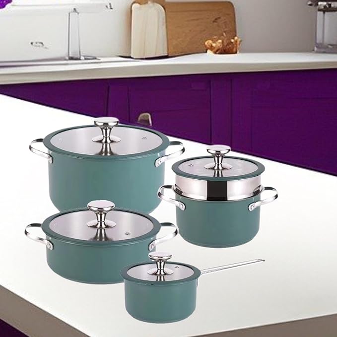 4Pcs Household Cookware Set Cooking Set Seafood Troop Pot Steamer Nonstick Cookware Set Pots and Pans Set for RV Travel Gas dark green