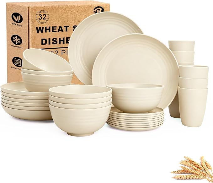 Wheat Straw Dishes Set Service for 8 Reusable Plastic Dinnerware Set 32 PCS Kitchen Plates and Bowls sets Unbreakable Microwave and Dishwasher Safe Camping Dishes for RV Outdoor - Beige