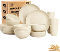 Wheat Straw Dishes Set Service for 8 Reusable Plastic Dinnerware Set 32 PCS Kitchen Plates and Bowls sets Unbreakable Microwave and Dishwasher Safe Camping Dishes for RV Outdoor - Beige