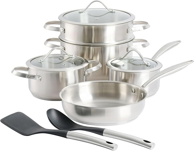 10-Piece Nonstick Aluminum Cookware Set – Heavy-Gauge Pots and Pans with Teflon Interior Cool-Touch Silicone Handles Scratch-Resistant Glacier Blue Finish (Silver)