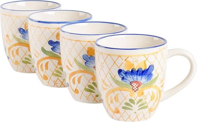 12-Piece Round Stoneware Dinnerware Set – Hand-Painted Plates and Bowls with Tile Design Microwave &amp Dishwasher Safe – Colorful Ceramic Dishes for 4 (Blue)