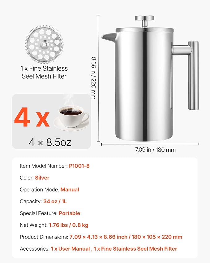 VEVOR French Press Coffee Maker 34 Ounce 1 Liter Stainless Steel Coffee Press Tea Maker with Filter Large Double Wall Insulated French Presses Cold Brew for Camping Travel Home Kitchen Silver