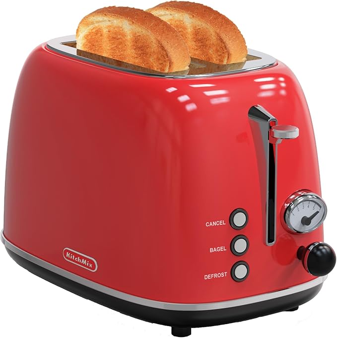 Toaster 2 sliceRetro Stainless Steel Toaster with 6 Settings 1.5 In Extra Wide Slots Bagel/Defrost/Cancel Function Removable Crumb Tray (Red)