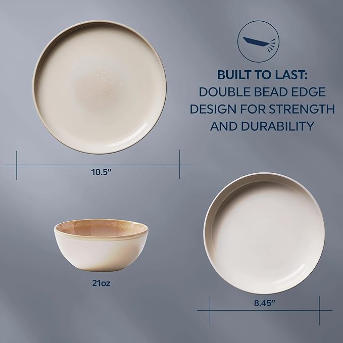 Corelle Stoneware Dinnerware Set Handmade Reactive &amp Solid Glazed Ceramic Plates and Bowls Modern Rustic Style Round Dishes Service for 4 Oatmeal 12 PIECE SET