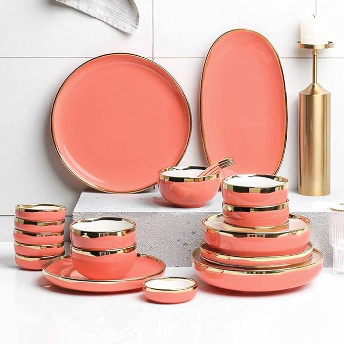 Dinner Set for Luxury Restaurant and Home Ceramics Dinner Sets Plate/Bowl/Spoon | 26 Pieces Phnom Penh Dinnerware Set - Porcelain Combination SetRed-