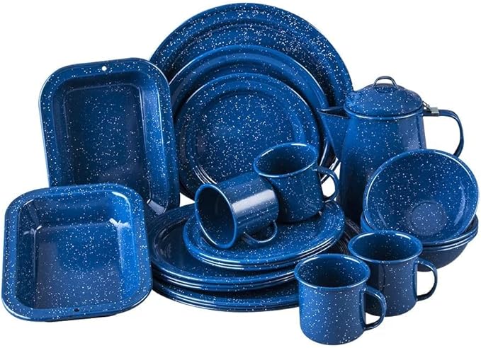 Cinsa 23 Piece. Enameled Dinnerware Camping/Outdoor Set for 4. Includes Plates Bowls Mugs Coffee Boiler.