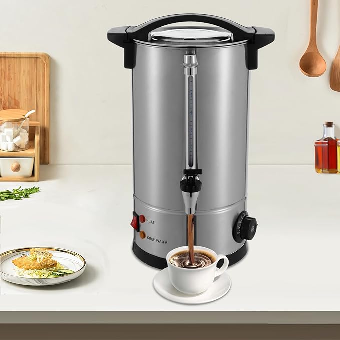 Commercial Coffee Urn 25L/6.6Gal 304 Stainless Steel Large Coffee Dispenser 1500W Electric Coffee Maker With Temperature Control Faucet Water Level Gauge For Office Party Catering US Plug 110V