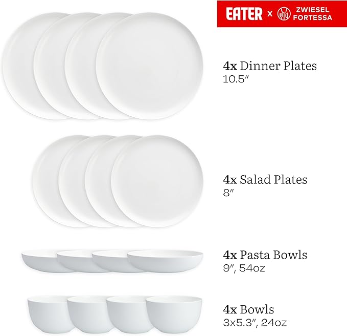 Eater x Zwiesel Fortessa Forma Fine China 16 Piece Dinnerware Set (Service for 4) White