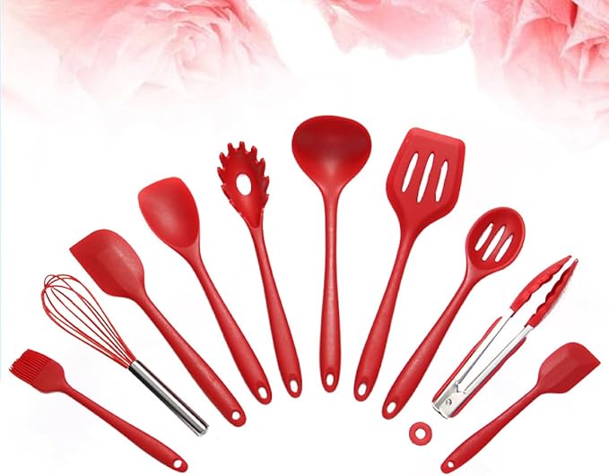 10pcs Non-stick Silicone Cookware Set Kitchenware Suit Egg Scraper Spoon Spatula Brush Red