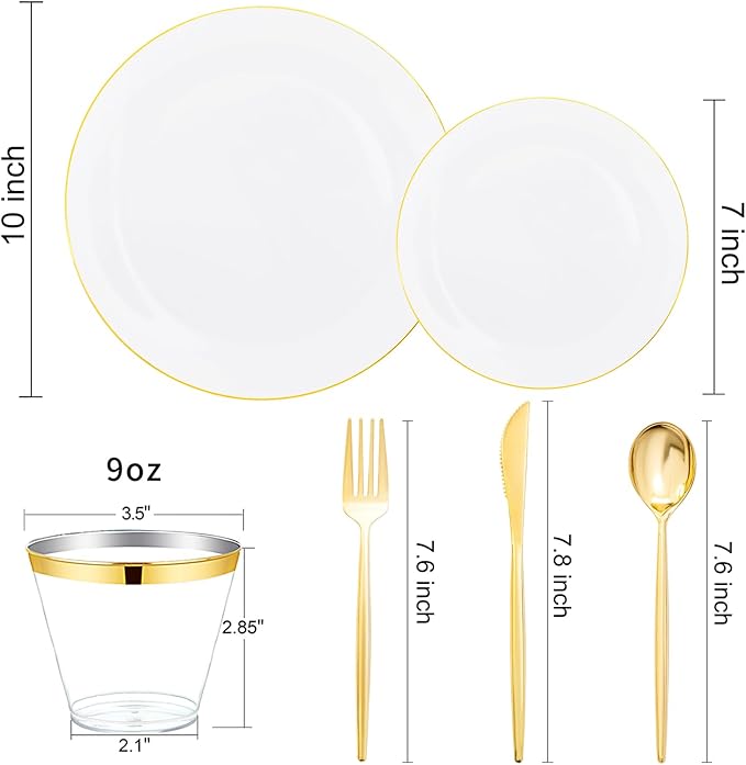 bUCLA 150PCS White and Gold Plastic Plates Disposable - 25 Guests Gold Dinnerware Set - Include 25 Each (Dinner &amp Dessert) Plates 25 Knives 25 Forks 25 Spoons &amp 25 Cups for Party