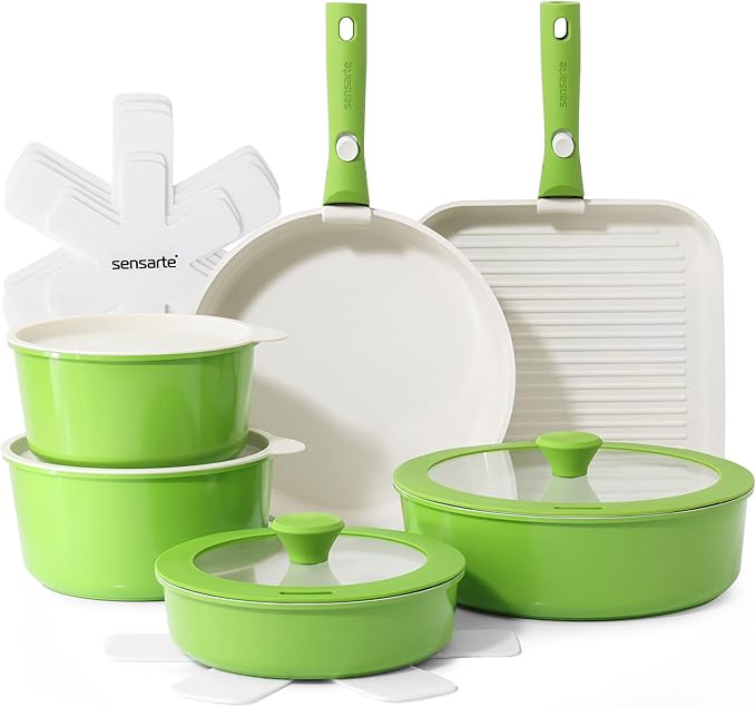 SENSARTE 17 Piece Ceramic Pots and Pans Set Nonstick Detachable Handle Cookware Induction Kitchen Cookware Set with Removable Handle Dishwasher ＆ Oven Safe (Green)
