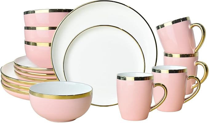 Stoneware Tableware Set for 4 Ceramic Dinnerware Sets with Gold Trim Including 10.5 Dinner Plates 7.75 Dessert Plates 6 Dinner Plates and 14oz Coffee Cups Porcelain (Pink Glod)