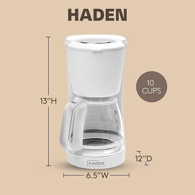 HADEN Starbeck Coffee Machine 10 Cup Automatic Drip Coffee Maker with Anti-Drip Function and Reusable Washable Water Filter White &amp Chrome