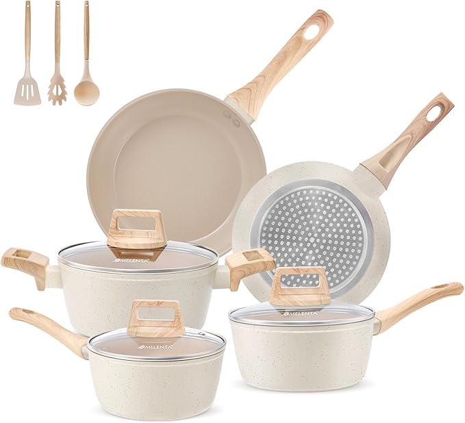 Pots and Pans Set Non Stick 11pcs Ceramic Cookware Set Non Toxic Induction Kitchen Cookware Sets Nonstick Cooking Set with Stay Cool Handle 100% PFOA Free Cream