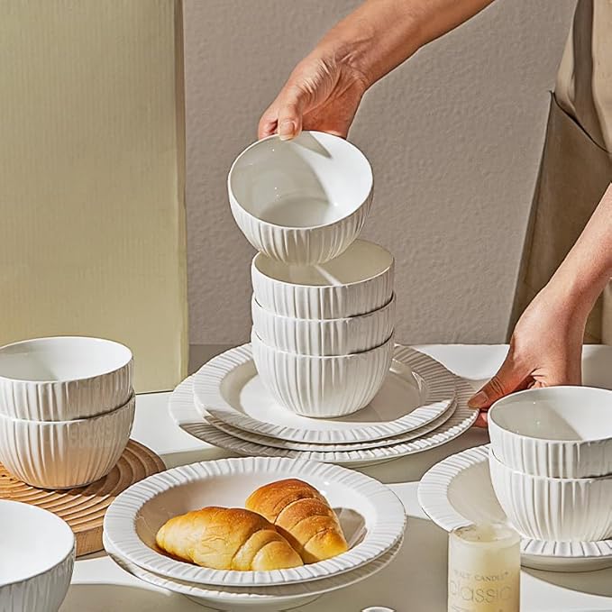 24-Piece White Ceramic Dinnerware Set - Rhine Series Service for 6 Includes Bowls Flat &amp Deep Plates Microwave &amp Dishwasher Safe