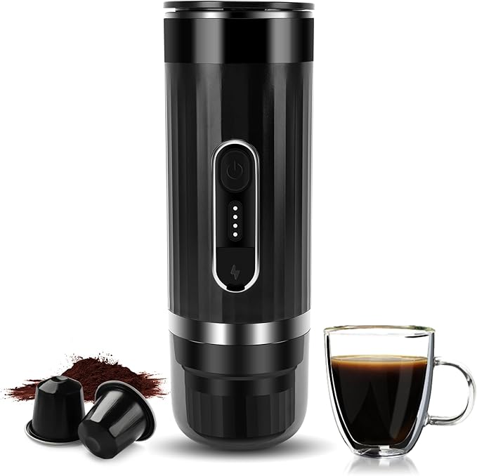 Portable Espresso Machine Travel Espresso Maker Car Coffee Maker Self-Heating with USB-C Compatible with Ground Coffee &amp Capsules (NS＆DG) for RV Hiking Camping Office
