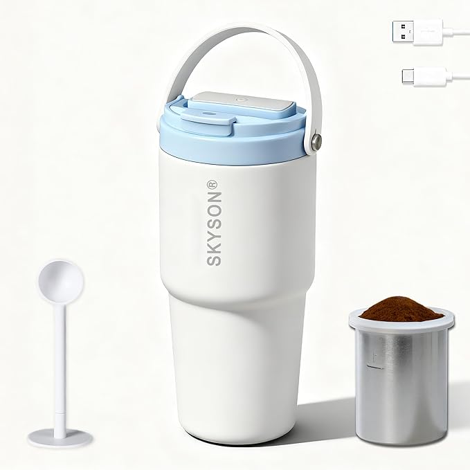 Portable Coffee Maker Mug for TravelMini Espresso Coffee Machine20 oz Thermos Cup with Lid Fast Extraction Electric Filter BrewerInsulated Stainless Steel Tumbler(White)