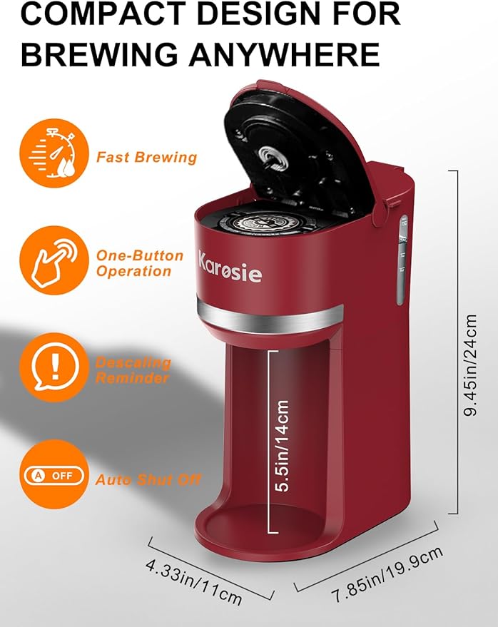 Single Serve Coffee Maker for K-Cup and Ground Coffee Fast Brew 6-12 oz Brew Sizes One Cup Coffee Machine Fits 5.5 Mugs One-Button Small Coffee Maker with Descaling Reminder Red
