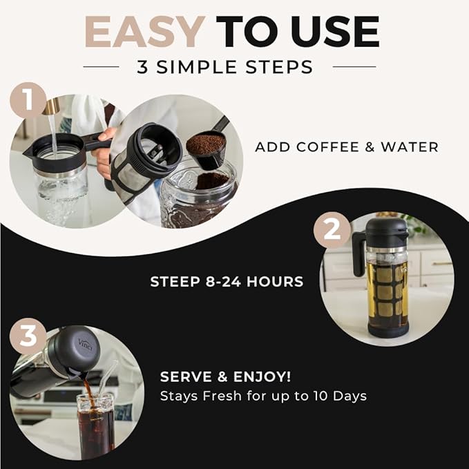VINCI Cold Brew 360 Glass Cold Brew Coffee Maker Featuring Patented Dual Filter 360 Brewing Technology Cold Brew for Iced Coffee (2.0 Liter / 68 FL.OZ)