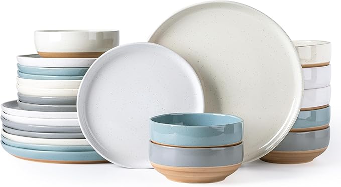 AmorArc Ceramic Dinnerware Sets for 8 24 Pieces Handpainted Plates and Bowls Set with Rustic Terracotta Underside Scratch Resistant Stoneware Dishes Set Dishwasher &amp Microwave Safe Multi-Color