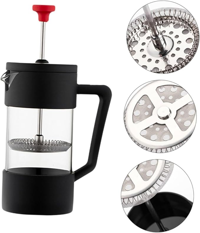 Stainless Steel Manual Press Coffee Maker 350ml Glass Pot with Red Lid Tea Kettle for Home Brewing and Travel