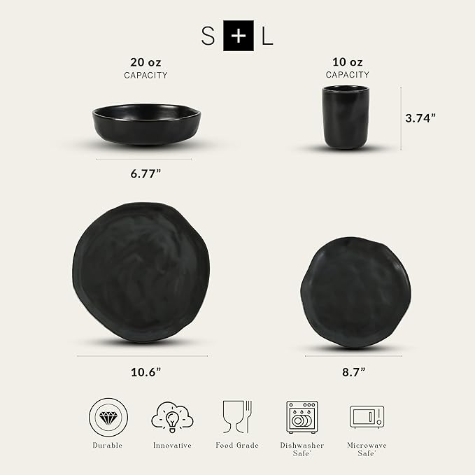Stone by Mercer Project HEKONDA Modern Stoneware 16-Piece Dinnerware Set Plate and Bowl Set Dish Set for 4 Black
