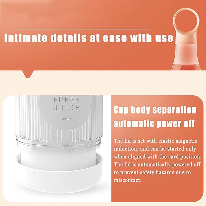 Portable Blender Small Juicer Cup 450ml with Cross-Shaped Hided Blades 2000 RPM and Blending Easily Magnetic Induction Charging and Easy to Clean for Travel Camping Gym Office Home