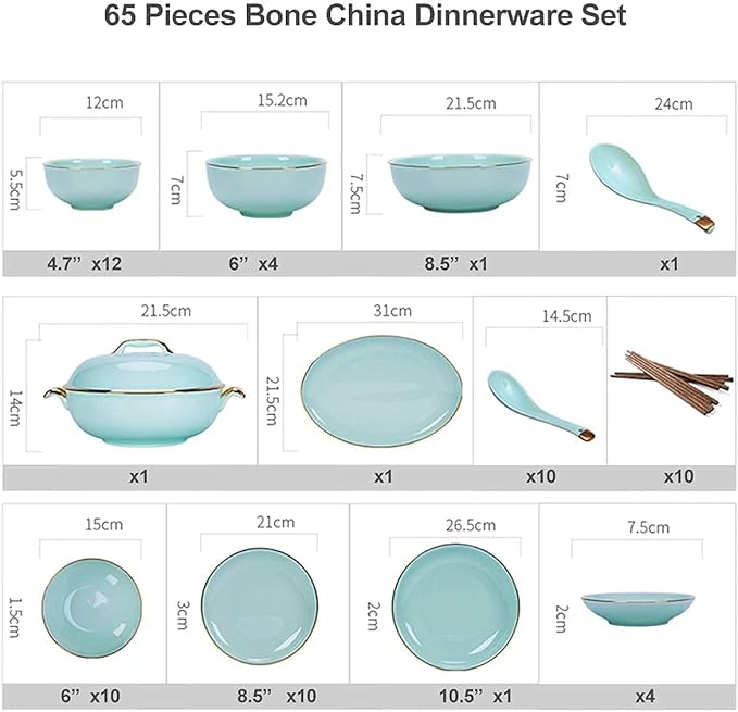 Dinnerware Sets Dish Set Bone China Porcelain dinnerware Set European-Style Phnom Penh Bone China Tableware Set Bowls and Plates Dinner Set Service for 4-10 (65pieces)