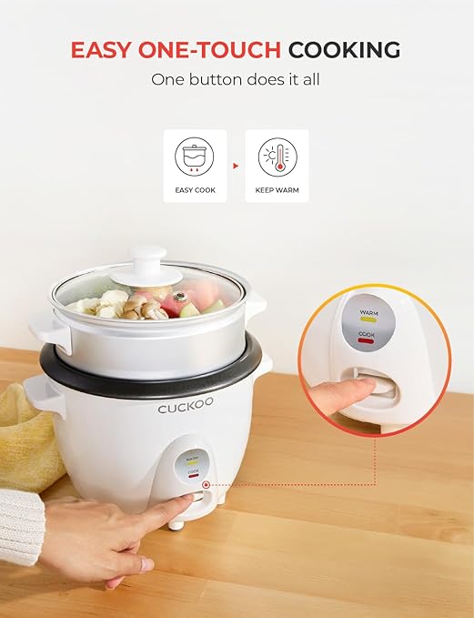 CUCKOO One Touch Rice Cooker 3-Cup (Uncooked) / 6-Cup (Cooked) Mini Rice Cooker &amp Warmer with Steamer Tray Versatile Grain Cooker Soup Maker Auto Keep Warm White (CR-0301C)