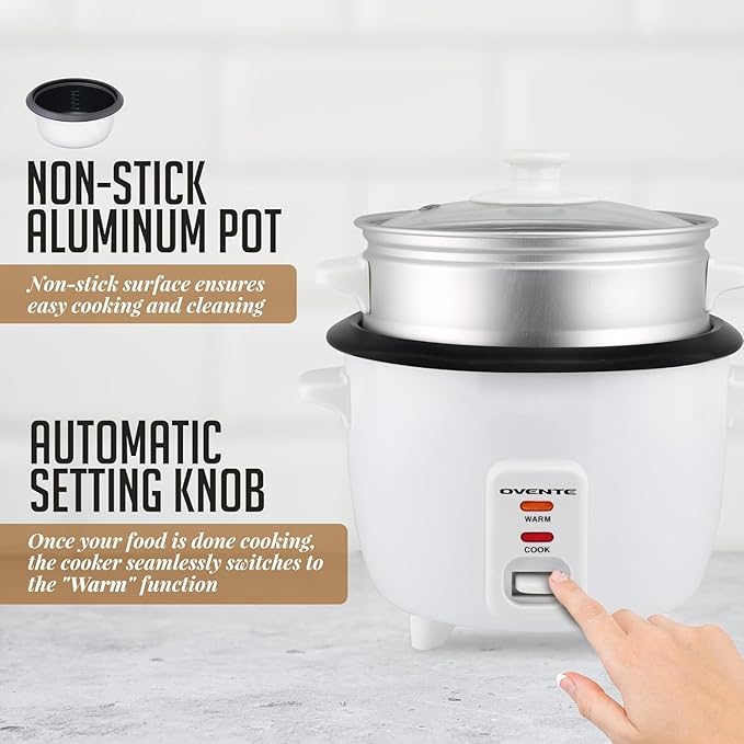 OVENTE Electric Rice Cooker and Food Steamer – 10-Cup Cooked Capacity (5 Cups Uncooked) Nonstick Removable Pot Keep Warm Function Steaming Basket Measuring Cup &amp Spatula Included White RCS01W