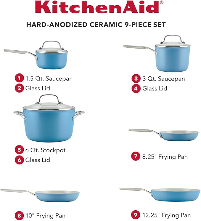KitchenAid Hard Anodized Ceramic Nonstick Cookware Pots and Pans Set 9 Piece - Blue Velvet