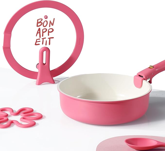 CAROTE 18Pcs Ceramic Cookware Set with Detachable Handle Pots and Pans Set Non Stick Non Toxic Kitchen Cooking Sets with Stand-Up Lid PFAS and PFOA Free Oven Safe Induction Ready Pink