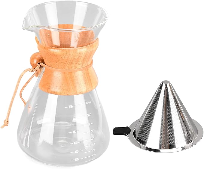 Pour Over Coffee Maker Coffee Dripper Brewer Paperless Glass Carafe Coffee Pot with Stainless Steel Filter &amp Wood Sleeve for Home Travel(1000ml)