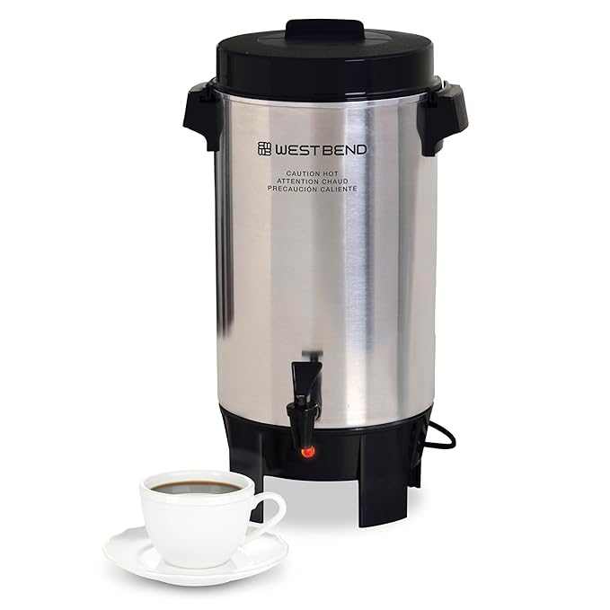 West Bend Coffee Urn Highly-Polished Aluminum Features Automatic Temperature Control with Cup Per Minute Brewing and Easy Clean Up Includes In-Basket Measuring Guide and Ready Light 42-Cup Silver
