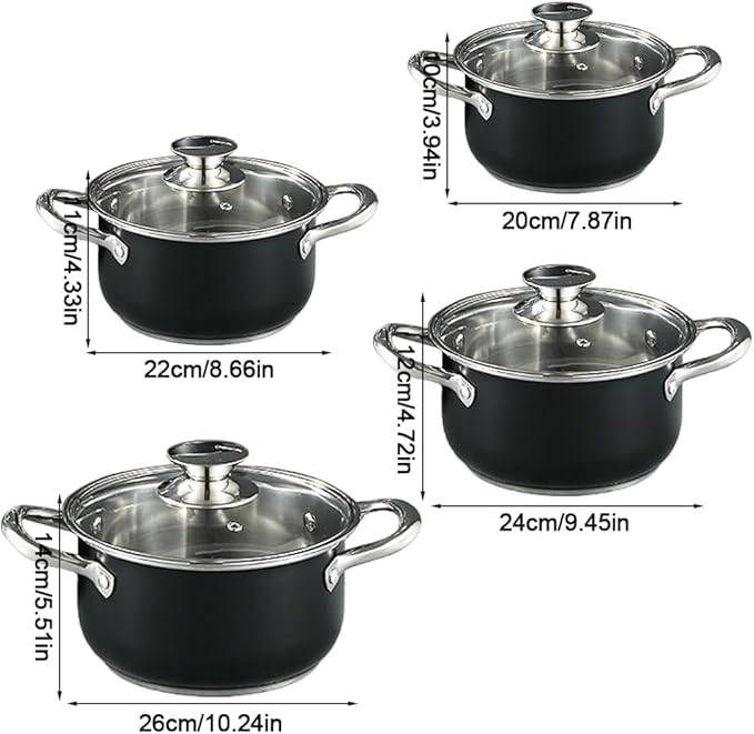 Stainless Steel Pot Set with Glass Lid 8 Pieces Cookware Set 3/4/5/7 Quarts Soup Pot Set Bases for Even Heating Induction Compatible Dishwasher Safe