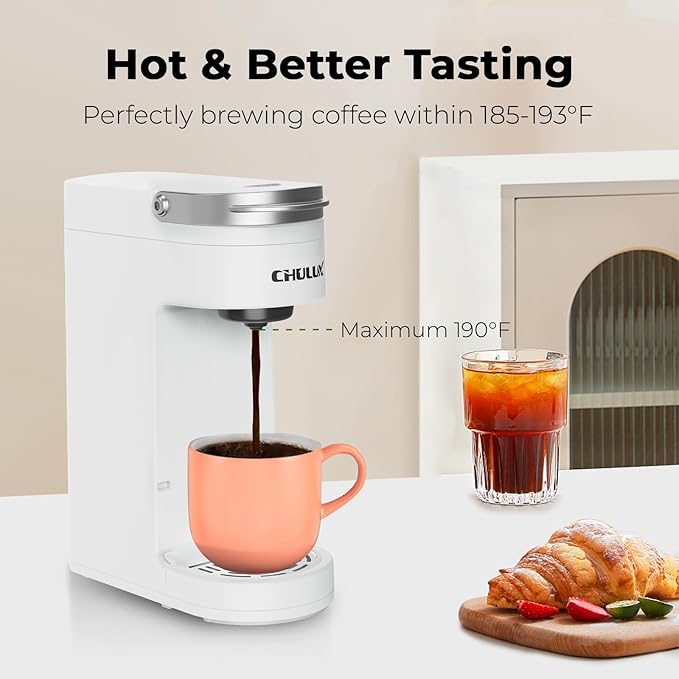 CHULUX Slim Single Serve Coffee Maker for K Pod One Cup Coffee Maker Fits 7.3 Travel Mugs Coffee Machine with 6 to 12oz Brew Sizes Pearl White